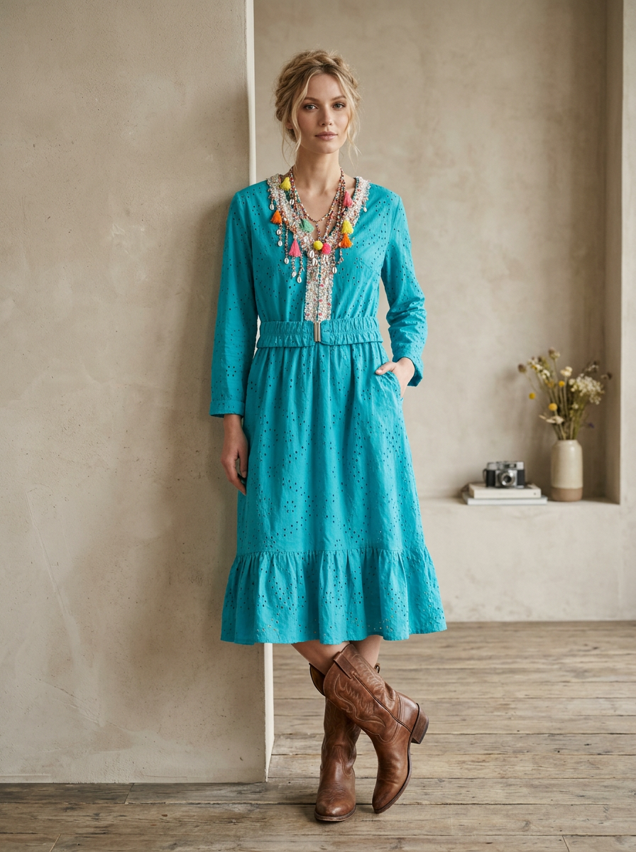 Abito turchese in sangallo con collana boho — creazione Wanda Bellotti