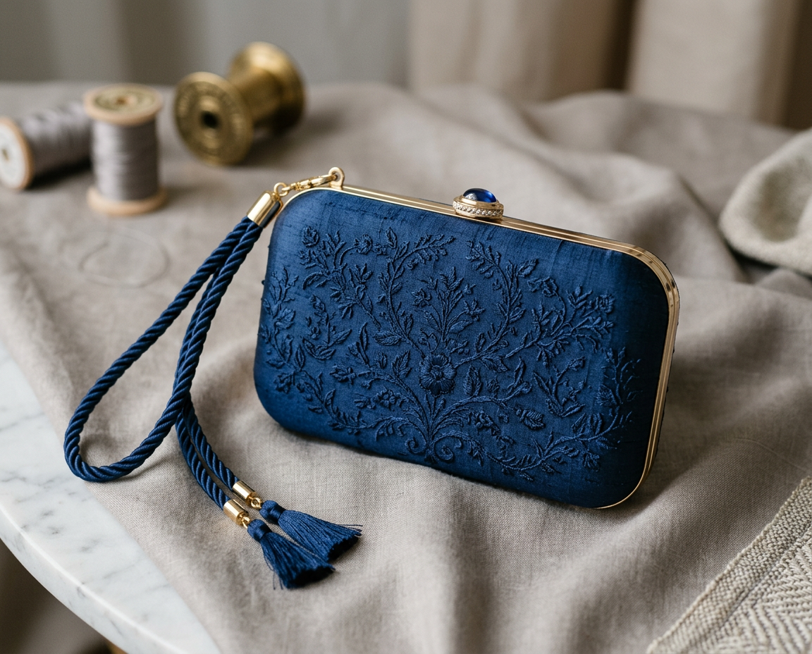 Blu Notte Ricamata — borsa da cerimonia in pura seta artigianale Wanda Bellotti