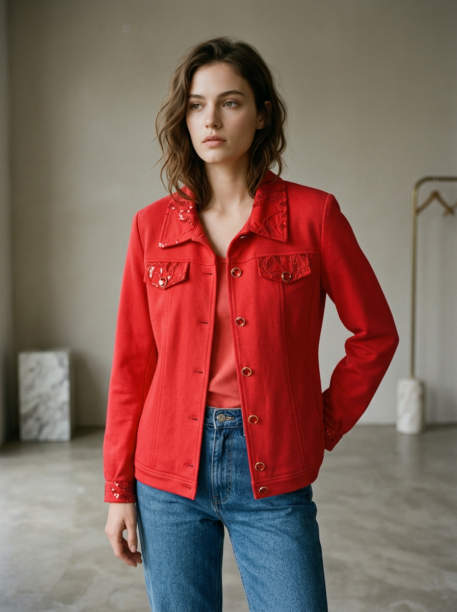 Giacca rossa in pizzo e paillettes su jeans — creazione Wanda Bellotti