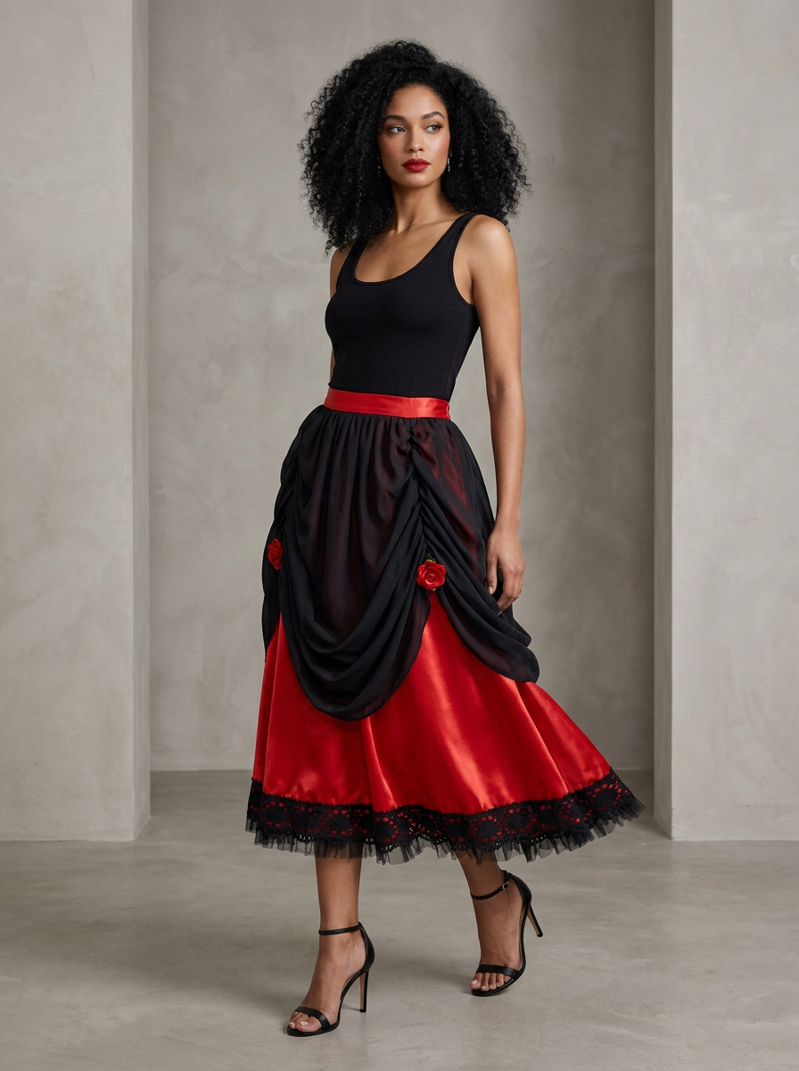 Gonna flamenco rossa con drappeggio nero e pizzo — creazione Wanda Bellotti