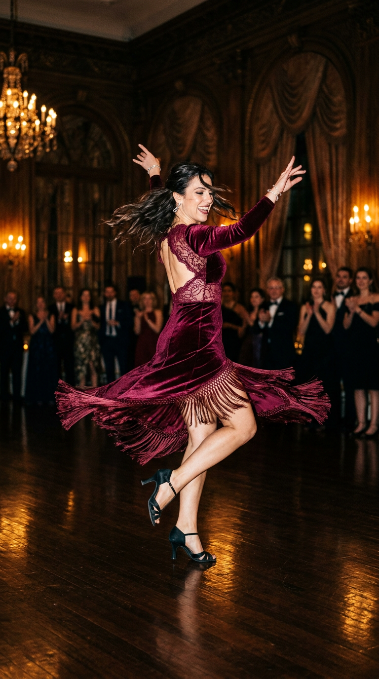 Bordeaux Velluto — abito da tango su misura, atelier Wanda Bellotti