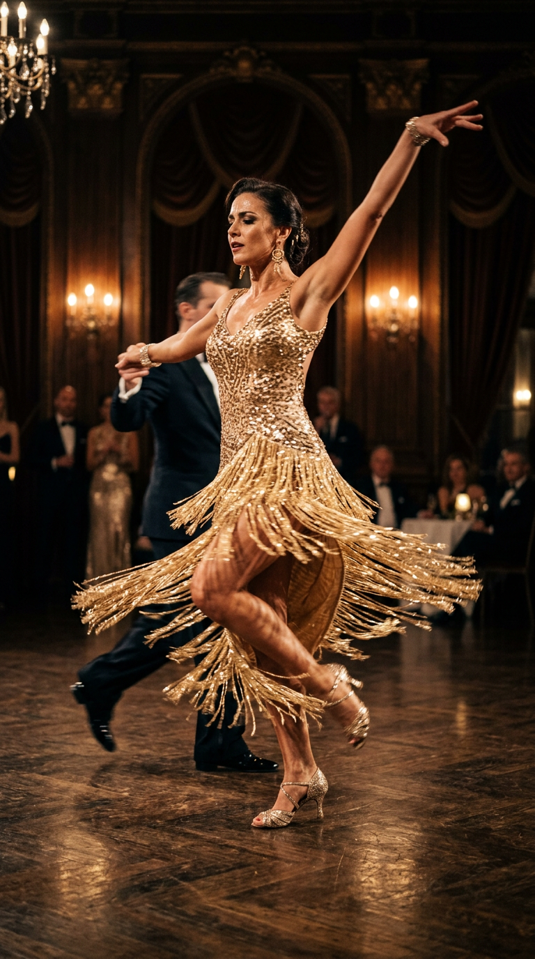 Oro Charleston — abito da tango su misura, atelier Wanda Bellotti